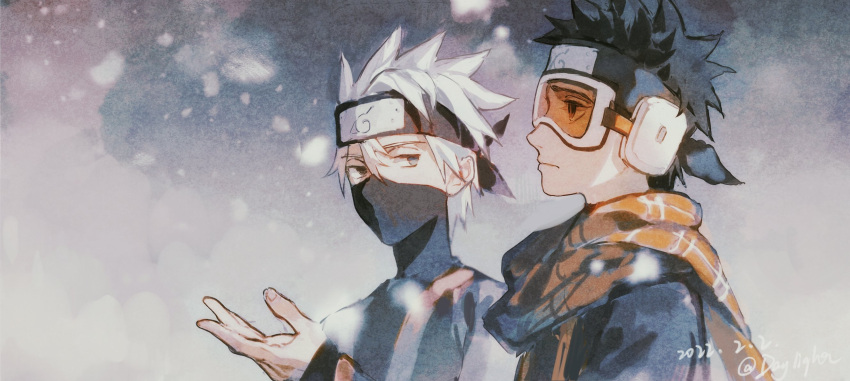 2boys black_hair closed_mouth daylight919 forehead_protector goggles hatake_kakashi highres jacket konohagakure_symbol looking_at_another male_focus mask mouth_mask multiple_boys naruto_(series) naruto_shippuuden orange_scarf plaid plaid_scarf scarf short_hair snow snowing symbol-only_commentary uchiha_obito upper_body white_hair younger