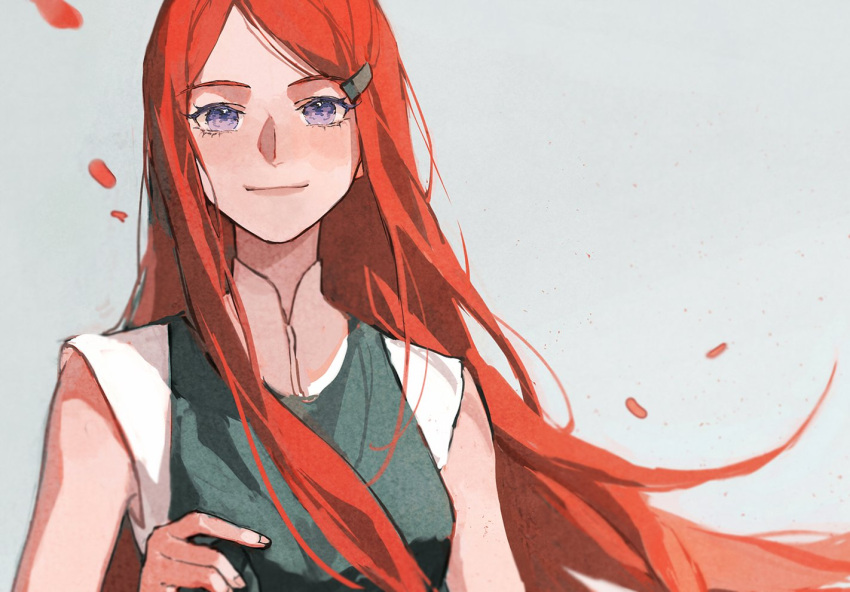 1girl apron blue_eyes breasts closed_mouth daylight919 dress green_apron hair_ornament hairclip long_hair looking_at_viewer naruto_(series) petals red_hair sleeveless smile solo upper_body uzumaki_kushina very_long_hair