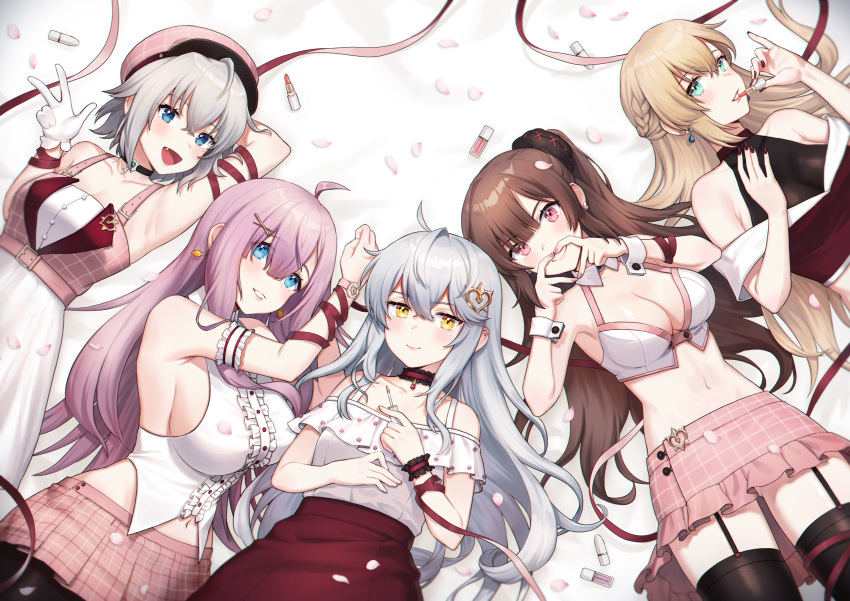 5girls :d absurdres ahoge applying_makeup arm_behind_head armpits ass_visible_through_thighs bangs bare_shoulders belt belt_buckle black_legwear black_nails blonde_hair blue_eyes blunt_bangs blush bomi_(counter:side) braid breasts brown_hair buckle buttons center_frills choi_ina choker cleavage collarbone commentary_request cosmetics counter:side crop_top crossed_bangs dress ear_piercing earrings eyebrows_visible_through_hair fang frilled_armband frilled_choker frilled_shirt frilled_skirt frills from_above gaeun_(counter:side) garter_straps gem gloves green_eyes grin group_picture hair_between_eyes hair_ornament halter_top halterneck hand_on_own_chest hand_up hands_up heart heart_hair_ornament heart_hands high-waist_skirt highres holding holding_lipstick_tube jewelry large_breasts lipstick lipstick_tube long_hair looking_at_viewer lowleg lowleg_skirt lumi_(counter:side) lying makeup medium_breasts medium_skirt miniskirt miya_(counter:side) multiple_girls nail_polish navel noixen off-shoulder_dress off_shoulder on_back on_side one_side_up parted_lips petals piercing pink_belt pink_eyes pink_hair pink_lips pink_nails pink_skirt plaid plaid_skirt pleated_skirt red_lips red_lipstick_tube red_skirt ribbon shiny shiny_hair shirt short_hair sideboob sidelocks silver_hair skirt sleeveless sleeveless_shirt smile spaghetti_strap swept_bangs thighhighs w watch white_dress white_gloves white_hair white_shirt wrist_cuffs wristwatch yellow_eyes zettai_ryouiki