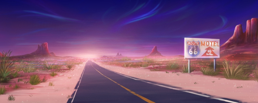 america commentary_request desert evening grass monorisu no_humans original outdoors purple_sky road route_66 scenery sign sky sunset twilight