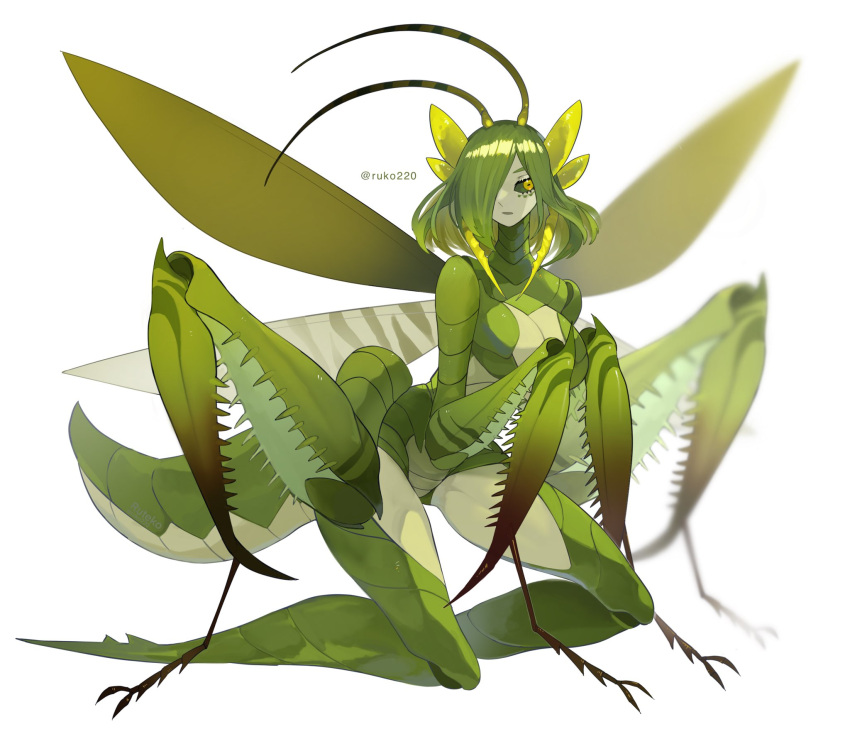 1girl antennae arthropod_girl arthropod_limbs carapace colored_sclera colored_skin facial_mark facing_viewer full_body green_hair green_sclera green_skin hair_over_eyes highres horizontal_pupils insect_wings kneeling looking_to_the_side mantis_girl medium_hair monster_girl multiple_legs no_feet original praying_mantis ruteko_(ruko220) solo white_background wings yellow_eyes