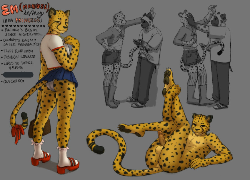 annoyed anthro balls bottomwear cheetah clothed clothing crossdressing danny_(gayrider8) em_(gayrider8) english_text eyebrows felid feline flirting fur gayrider8 genitals hi_res humanoid_genitalia humanoid_penis hyaenid male mammal penis purse skirt spots spotted_body spotted_fur spotted_hyena text trans_(lore) trans_man_(lore)