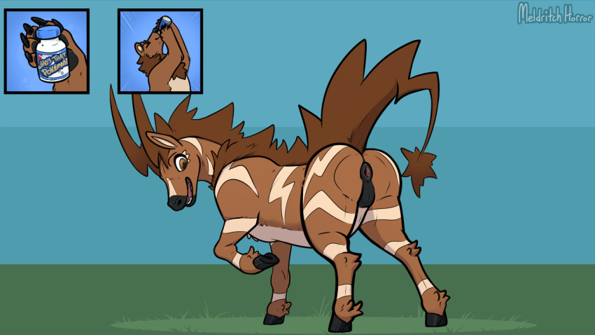 16:9 ambiguous_gender anthro anthro_to_feral anus brown_bear brown_body brown_fur butt drugs equid equine feral fur grizzly_bear hair hooves kuruk_(character) mammal mane mane_hair melthecannibal nintendo null pawpads pills pok&eacute;mon pok&eacute;mon_(species) presenting presenting_hindquarters raised_hoof solo species_transformation surprised_expression transformation ursid ursine video_games widescreen zebra zebstrika