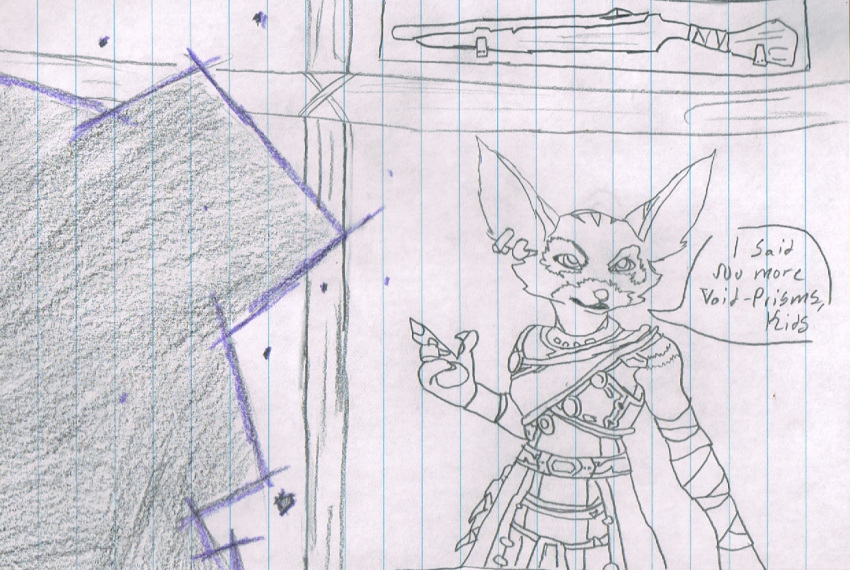 ambiguous_gender anthro blizzard_entertainment canid canine clothing dialogue ear_piercing ear_ring ears_up fox gesture grayfurredwolf gun gynomorph_(lore) intersex_(lore) knotfur mammal piercing pointing portal ranged_weapon sketch solo speech_bubble traditional_media_(artwork) video_games vulpera warcraft weapon wrappings