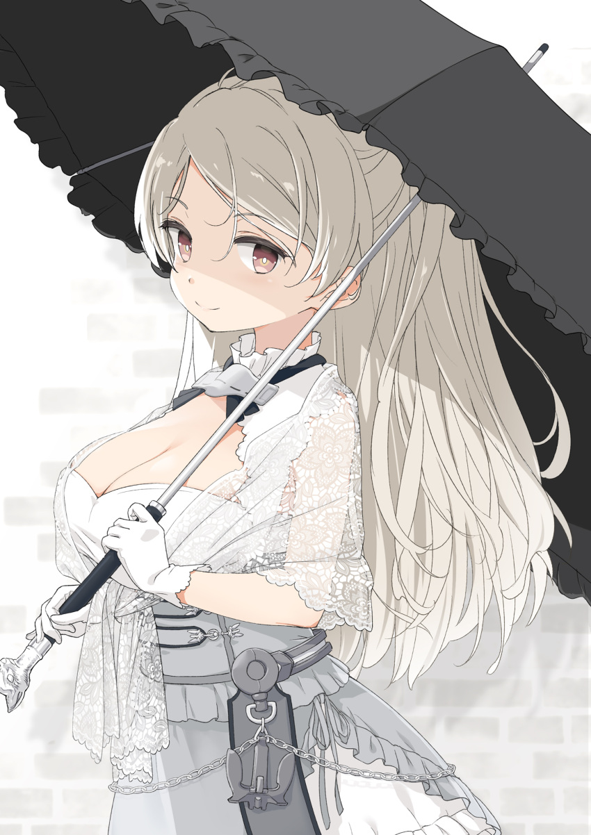 1girl aka_ringo bangs black_umbrella breasts brown_eyes cleavage commentary conte_di_cavour_(kancolle) conte_di_cavour_nuovo_(kancolle) dress frilled_dress frills gloves grey_hair hair_between_eyes highres holding holding_umbrella kantai_collection lace large_breasts long_hair parasol revision simple_background smile solo umbrella white_dress white_gloves