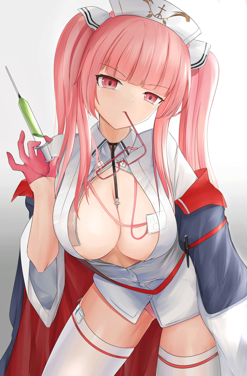 1girl absurdres azur_lane breasts center_opening cleavage commentary_request cowboy_shot eyebrows_visible_through_hair eyewear_in_mouth eyewear_removed gloves half_gloves hat highres holding holding_syringe id_card lanyard large_breasts mouth_hold no_bra nurse nurse_cap official_alternate_costume panties perseus_(azur_lane) perseus_(unfamiliar_duties)_(azur_lane) pink_eyes pink_gloves pink_hair pink_panties syringe thighhighs underwear white_headwear white_legwear zdj