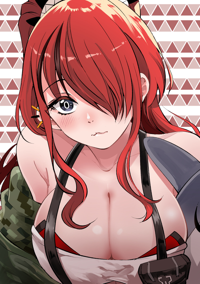 1girl absurdres bangs bare_shoulders black_eyes black_hair blush breasts cleavage commentary_request eyebrows_visible_through_hair hair_over_one_eye head_tilt highres lain_paterson large_breasts long_hair looking_at_viewer multicolored_hair nijisanji off_shoulder pouch red_hair sakayama_shinta solo strapless streaked_hair suspenders tube_top upper_body