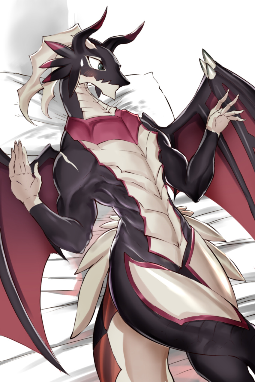 anthro athletic athletic_anthro athletic_female bed black_body blush claws dragon dragonmaid_strahl duel_monster featureless_chest female flat_chested furniture green_eyes hi_res horn konami lying membrane_(anatomy) membranous_wings muscular muscular_anthro muscular_female passionpit777 scales solo thick_tail thick_thighs toned_female white_body white_scales wing_claws wings yu-gi-oh