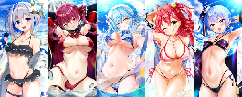 5girls :d :q ;d absurdres ahoge alternate_costume amane_kanata angel_wings armpits arms_behind_head ascot bare_shoulders beach bell beret bikini bird black_bikini black_coat blue_bikini blue_bow blue_bowtie blue_eyes blue_hair blue_nails blue_sky blush bow bowtie breasts brooch cherry_blossom_print cleavage closed_mouth clothes_down clothes_lift cloud coat collarbone colored_tips cowboy_shot crown_hair_ornament day detached_collar earrings eyebrows_visible_through_hair floating_hair floral_print flower frilled_bikini frills fur-trimmed_jacket fur_trim glint gold_trim green_eyes hair_bell hair_flower hair_ornament hair_ribbon halo halterneck hand_up hat heart_ahoge heterochromia highleg highres hololive hood hoodie hoshimachi_suisei houshou_marine jacket jewelry jingle_bell lace-trimmed_legwear lace_trim large_breasts legband legs lens_flare licking_lips lifted_by_self light_blue_hair long_hair long_sleeves looking_at_viewer medium_hair midriff mizuno_kurage multi-strapped_bikini multi-strapped_bikini_bottom multicolored_hair multiple_girls narrow_waist navel necklace o-ring o-ring_bottom o-ring_top ocean off_shoulder one_eye_closed open_mouth outdoors palm_tree partially_submerged pendant pink_bikini pink_hair pirate pointy_ears red_ascot red_bikini red_eyes red_hair ribbon sakura_miko sarong sarong_lift seagull shirt side-tie_bikini side_ponytail sidelocks skindentation sky small_breasts smile sparkle standing standing_on_one_leg star_(symbol) star_necklace stomach strap_gap streaked_hair string_bikini summer sunlight swimsuit teeth thigh_gap thighhighs thighs tongue tongue_out tree twintails upper_teeth virtual_youtuber wading water water_drop watermark wet white_flower white_hair white_headwear white_shirt wings yellow_eyes yukihana_lamy