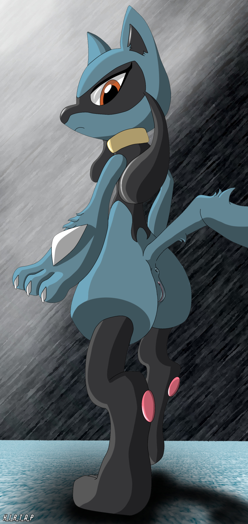 absurd_res anthro anus blue_body claws claws_out female fur genitals hi_res kirtapsart looking_back nintendo paws pok&eacute;mon pok&eacute;mon_(species) pussy rear_view riolu shadow sharp_claws simple_background solo spikes video_games