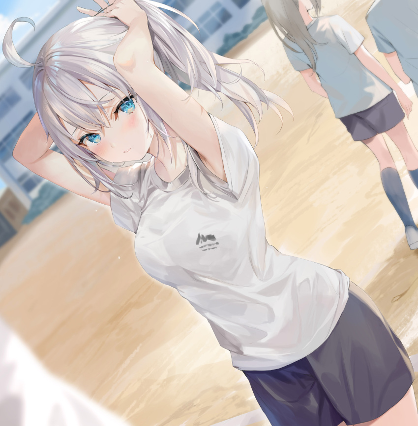 1boy 2girls absurdres ahoge alisa_mikhailovna_kujou armpit_peek black_legwear black_shorts blonde_hair blue_eyes blush breasts building commentary cowboy_shot gym_uniform hand_in_own_hair hands_up highres kneehighs logo long_hair looking_at_viewer medium_breasts momoko_(momopoco) multiple_girls parted_lips ponytail school shirt shoes short_sleeves shorts t-shirt tokidoki_bosotto_roshia-go_de_dereru_tonari_no_arya-san track_and_field tying_hair white_hair white_shirt