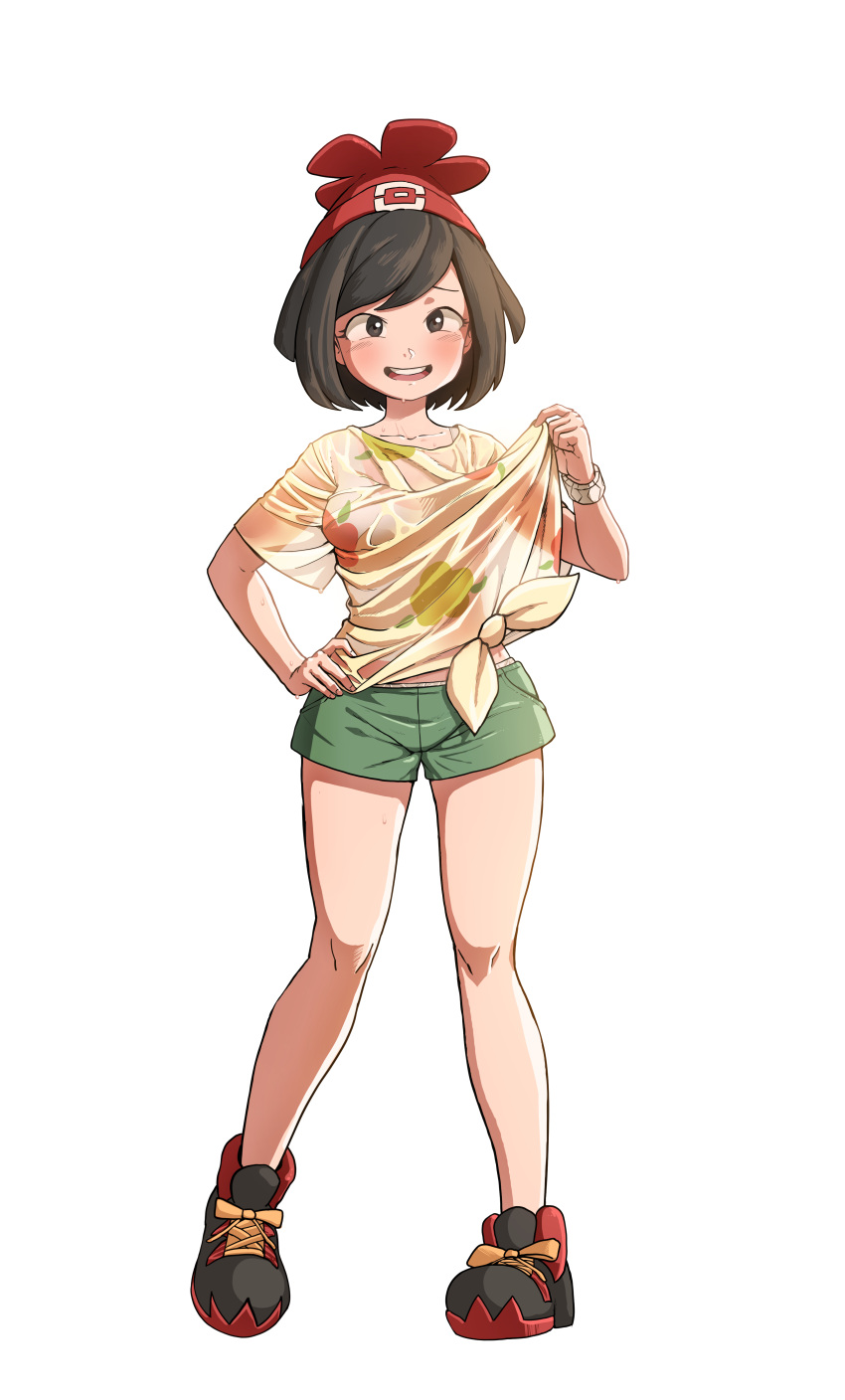 1girl absurdres bare_legs beanie blush bracelet commentary full_body green_shorts hat heydove highres jewelry knees open_mouth pokemon pokemon_(game) pokemon_sm red_headwear selene_(pokemon) shirt shirt_tug shoes short_shorts short_sleeves shorts simple_background smile sneakers solo t-shirt teeth tied_shirt tongue upper_teeth white_background z-ring