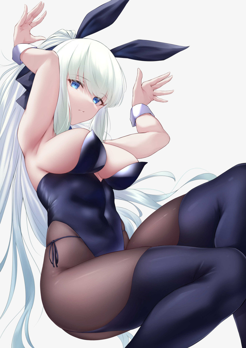 1girl absurdres animal_ears black_bow black_legwear black_leotard blue_eyes bow braid breasts bunny_pose commentary covered_navel detached_collar fake_animal_ears fake_tail fate/grand_order fate_(series) french_braid hair_bow highleg highleg_leotard highres large_breasts leotard long_hair morgan_le_fay_(fate) okuma707 platinum_blonde_hair playboy_bunny ponytail rabbit_ears rabbit_tail side-tie_leotard solo strapless strapless_leotard tail very_long_hair wrist_cuffs