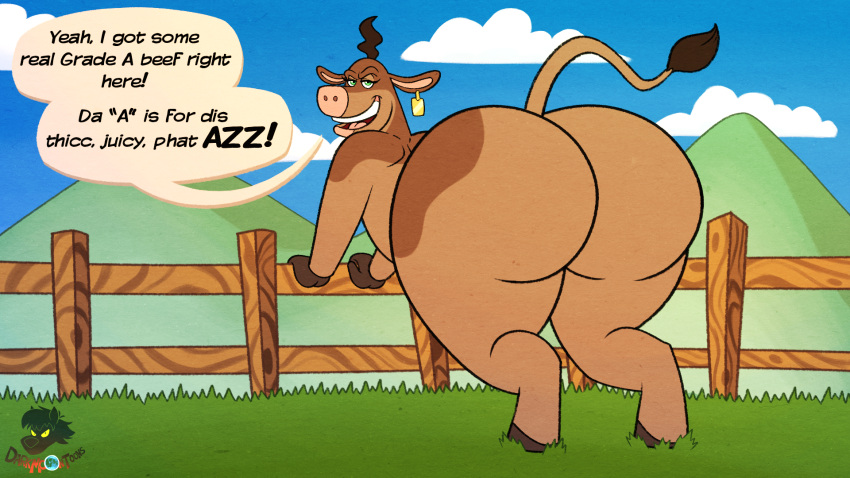 16:9 2022 anthro back_at_the_barnyard bessy_(back_at_the_barnyard) big_butt blu3danny bovid bovine brown_hair bubble_butt butt cattle dialogue ear_piercing english_text female fence grass green_eyes hair hi_res looking_at_viewer mammal nickelodeon open_mouth piercing plant rear_view solo speech_bubble teeth text tongue widescreen