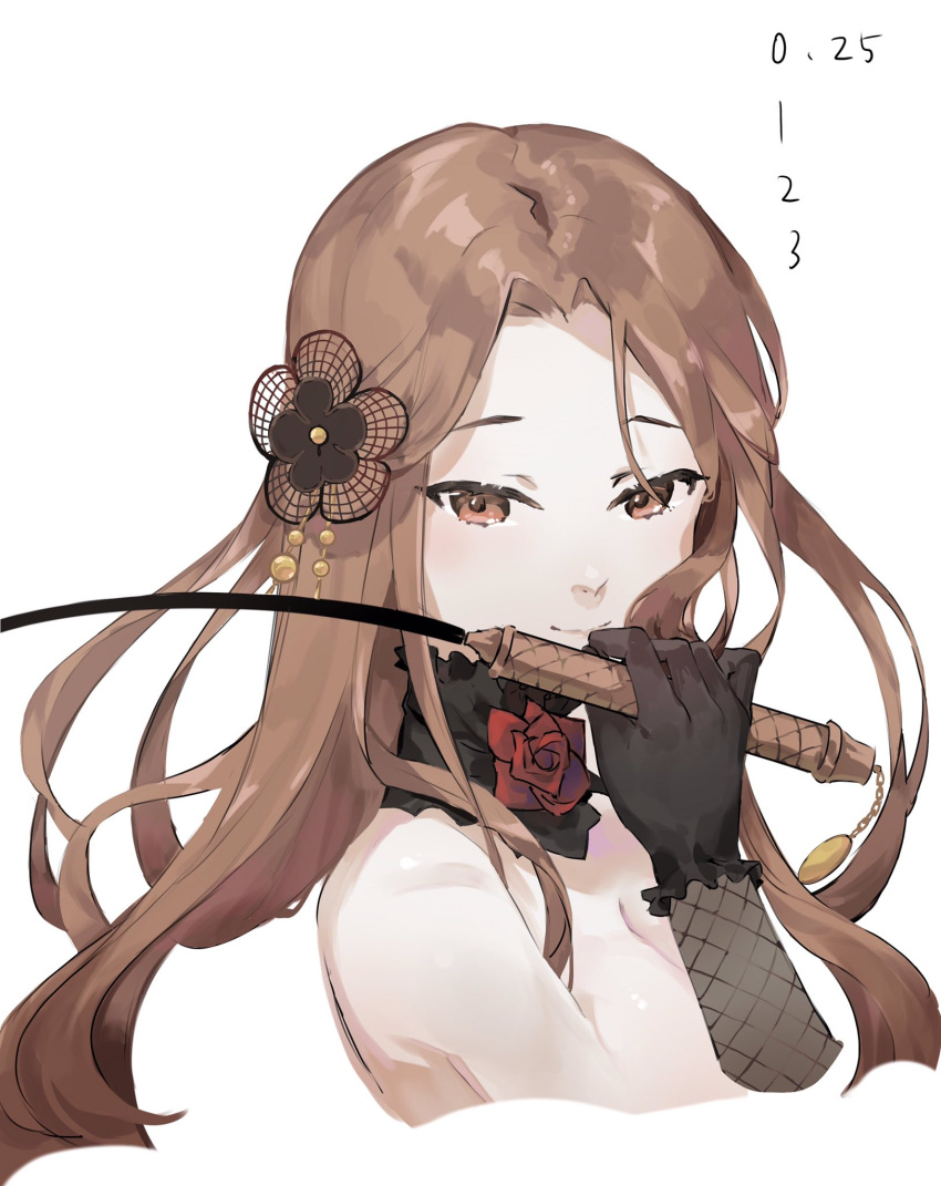 1girl black_gloves breasts brown_eyes brown_hair cleavage closed_mouth completion_time flower from_side gloves hair_ornament highres holding holding_whip idolmaster idolmaster_cinderella_girls long_hair looking_at_viewer looking_to_the_side neck_flower neko_(ganecooo) red_flower red_rose rose simple_background smile solo white_background zaizen_tokiko
