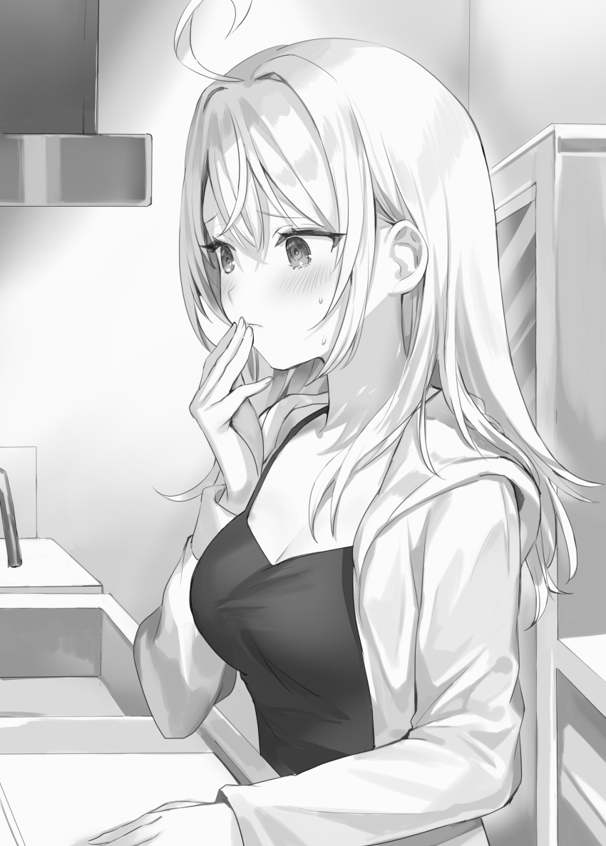 1girl absurdres ahoge alisa_mikhailovna_kujou bangs black_camisole blush breasts camisole cleavage closed_mouth collarbone commentary_request faucet hair_over_breasts hair_over_shoulder hand_on_own_face hand_on_table highres hood hoodie kitchen long_hair long_sleeves looking_afar medium_breasts momoko_(momopoco) monochrome novel_illustration official_art open_clothes open_hoodie refrigerator shirt sink sleeveless sleeveless_shirt solo sweatdrop tokidoki_bosotto_roshia-go_de_dereru_tonari_no_arya-san ventilation_shaft white_hair white_hoodie worried