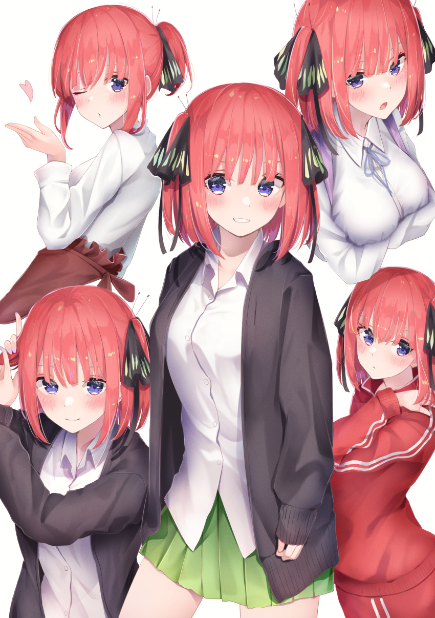 1girl absurdres arms_under_breasts bangs black_cardigan black_ribbon blowing_kiss blue_eyes blue_ribbon blunt_bangs blush breasts butterfly_hair_ornament cardigan collared_shirt commentary_request crossed_arms eyebrows_behind_hair go-toubun_no_hanayome green_skirt grin gym_uniform hair_ornament hair_ribbon heart highres jacket large_breasts looking_at_viewer nakano_nino neck_ribbon one_eye_closed open_cardigan open_clothes open_mouth pants pink_hair pleated_skirt red_jacket red_pants red_track_suit ribbon school_uniform shirt short_hair short_ponytail simple_background skirt smile solo track_jacket white_background white_shirt yuunamida_uyu