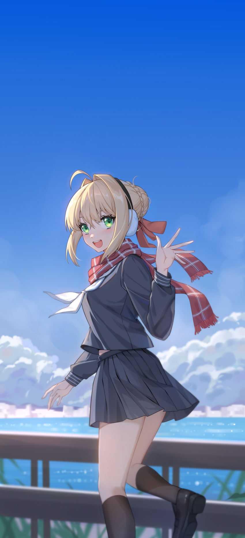 1girl absurdres ahoge alternate_costume black_blouse black_footwear black_legwear black_serafuku black_skirt blonde_hair blouse blue_sky braid braided_bun breasts cloud day earmuffs fate/grand_order fate_(series) green_eyes hair_bun hair_intakes hair_ribbon highres kneehighs large_breasts loafers long_sleeves miniskirt neckerchief nero_claudius_(fate) outdoors pleated_skirt red_ribbon red_scarf ribbon scarf school_uniform serafuku shenqi_xiao_hong_zai_nali shoes skirt sky solo white_neckerchief