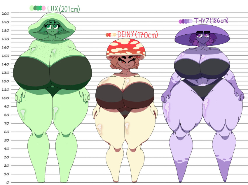 big_breasts bra breasts clothing deiny_(kouh) elemental_creature elemental_humanoid eyebrows female female/female fungi_fauna fungi_humanoid fungus green_body group hi_res huge_breasts humanoid kouh lux_(kouh) mushroom mushroom_humanoid purple_body size_difference smaller_female taller_female thong thyz_(kouh) trio underwear white_body