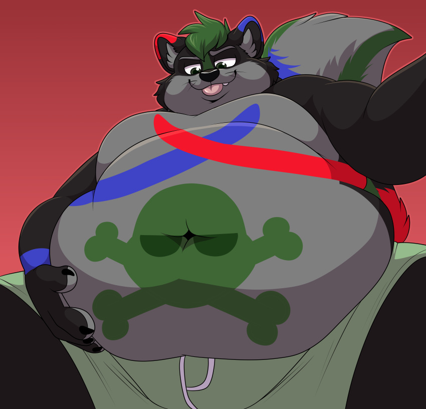 absurd_res anthro belly_rub chubby_male grin heavy hi_res male male/male mammal mephitid navel obese overweight overweight_male shikakaka skunk skunkor smile solo