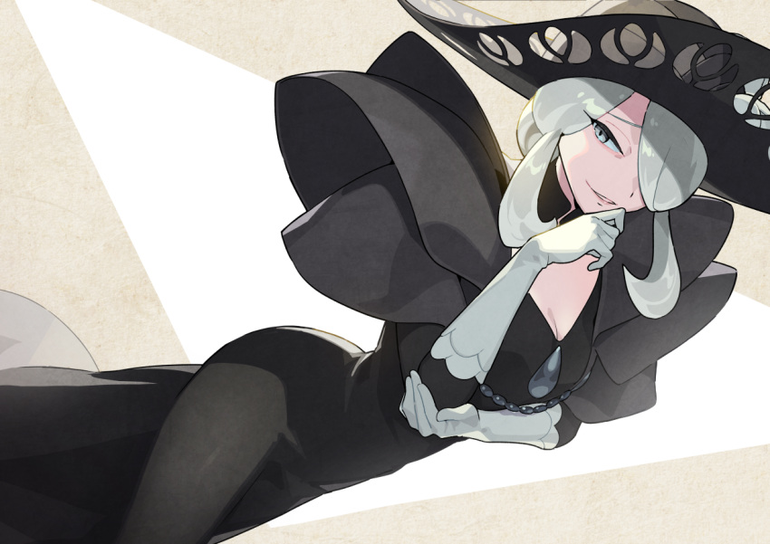 1girl beads black_dress black_headwear breasts cleavage cogita_(pokemon) commentary_request dress gloves grey_eyes grey_hair hair_over_one_eye hand_up hat kin_niku parted_lips pokemon pokemon_(game) pokemon_legends:_arceus raised_eyebrows smile solo