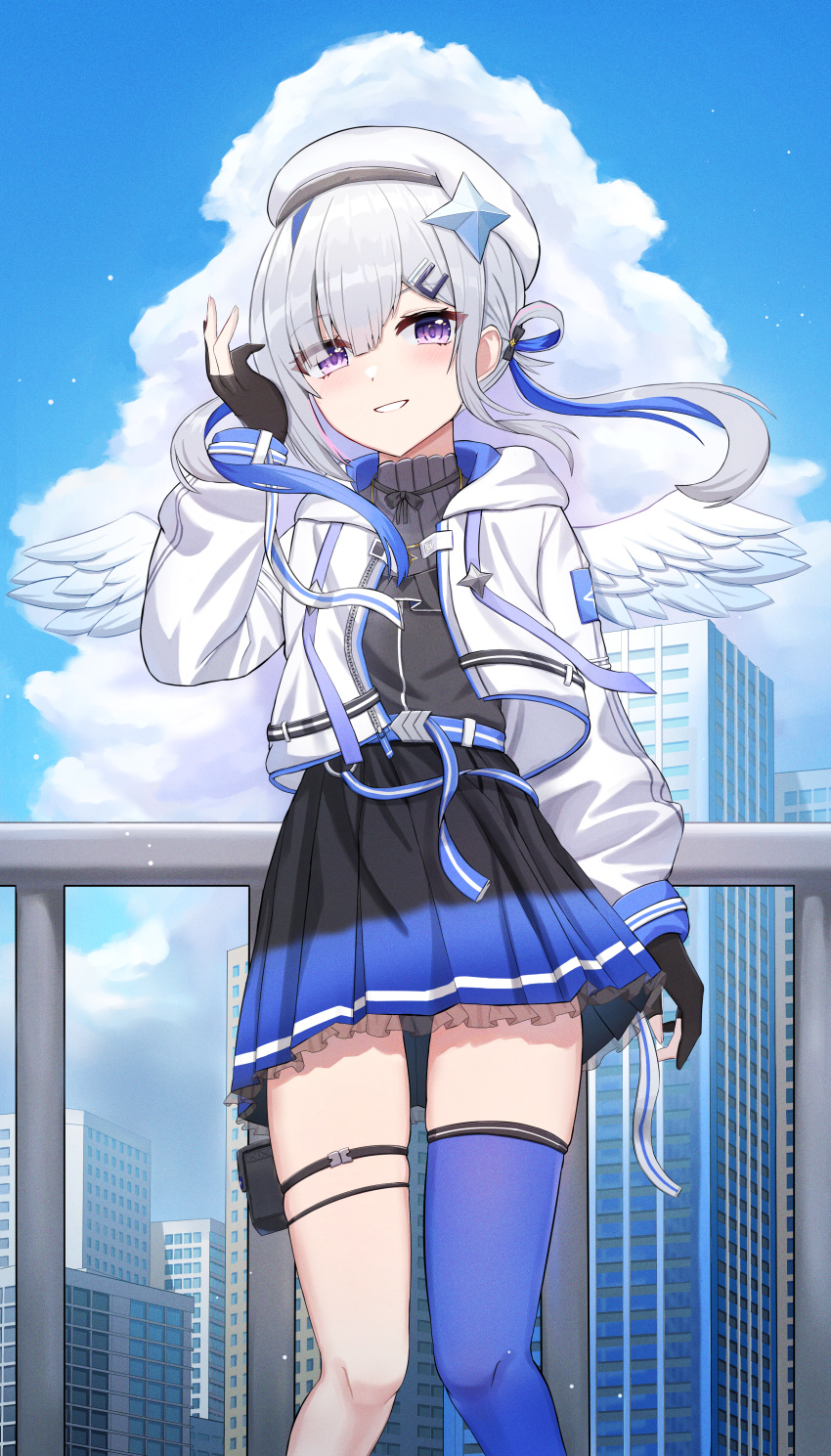 1girl absurdres against_railing amane_kanata ammunition_pouch angel angel_wings arm_at_side asymmetrical_bangs bangs belt beret black_bow black_dress black_gloves black_ribbon black_shirt blue_belt blue_hair blue_legwear blue_sky blue_wings blush bow building city cloud cloudy_sky colored_inner_hair day dot_nose dress eyebrows_visible_through_hair eyelashes eyes_visible_through_hair feathered_wings feathers frilled_dress frills gloves gold_necklace gradient gradient_clothes gradient_dress gradient_wings grin guard_rail hair_bow hair_ornament hair_over_one_eye hair_rings hairclip hand_up hat hat_ornament high_collar highres hololive hood hood_down hooded_jacket iv_(iv70311741) jacket jewelry long_sleeves multicolored_hair multicolored_wings neck_ribbon necklace official_alternate_costume official_alternate_hairstyle parted_lips partially_fingerless_gloves pink_hair pleated_dress pouch puffy_long_sleeves puffy_sleeves purple_eyes railing ribbed_shirt ribbon shirt short_dress silver_hair single_hair_intake single_sock single_thighhigh sky skyscraper smile socks solo standing star_(symbol) star_hat_ornament star_necklace streaked_hair thigh_strap thighhighs twintails urban virtual_youtuber white_headwear white_jacket white_wings wings zipper zipper_pull_tab