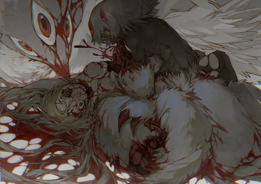 2girls abs bangs biting blonde_hair blood blood_on_face blood_on_hands breasts claws corpse dark-skinned_female dark_skin eating extra_arms faputa fewer_digits green_eyes grey_hair guro highres holding_organ intestines long_hair looking_at_viewer lying made_in_abyss medium_breasts medium_hair monster monster_girl mouth_hold multiple_girls nakikabane nipples nude on_back one-eyed organs pale_skin parted_lips red_eyes riko-m riko_(made_in_abyss) sideways_glance sitting teeth third_eye toned white_fur wide-eyed yellow_eyes