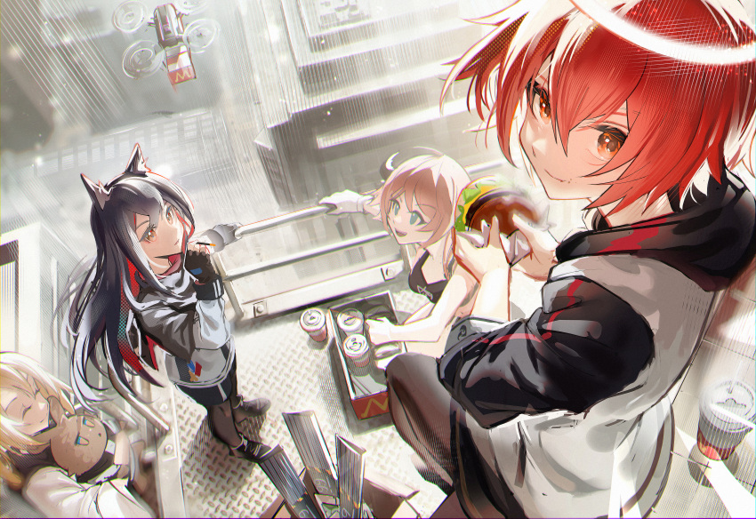 4girls absurdres animal_ears arknights black_capelet black_gloves black_hair black_legwear black_shorts black_skirt blonde_hair box brown_eyes burger capelet carbon_(arknights) closed_mouth croissant_(arknights) crop_top cup day disposable_cup drone eating exusiai_(arknights) fingerless_gloves food food_on_face from_above gloves green_eyes halo highres holding holding_food holding_stuffed_toy jacket legwear_under_shorts long_sleeves looking_at_viewer looking_up miniskirt multicolored_hair multiple_girls orange_hair outdoors pantyhose pocky railing red_hair short_hair shorts sitting skirt smile sora_(arknights) standing stuffed_animal stuffed_bunny stuffed_toy sunlight texas_(arknights) two-tone_hair white_jacket wolf_ears youyouyou_1211