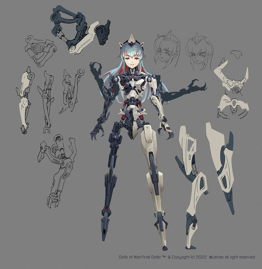 1girl android blue_hair character_sheet commentary_request english_commentary extra_arms eyebrows_visible_through_hair full_body grey_background highres joints light_smile lineart long_hair mechanical_parts mixed-language_commentary original piston purple_eyes robot_joints simple_background solo ushas very_long_hair