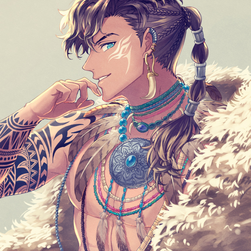 1boy arm_tattoo bangs bead_necklace beads blue_gemstone braid brown_hair dark-skinned_male dark_skin earrings facial_tattoo fang_necklace feather_necklace feathers finger_to_mouth fingernails gem grin hair_tubes hand_up highres himori_yuhara jewelry long_hair looking_at_viewer male_focus multi-tied_hair multiple_braids neck_ring necklace original pelt ponytail profile shawl sideways_glance smile solo tattoo toned toned_male tooth_earrings tooth_necklace topless_male upper_body