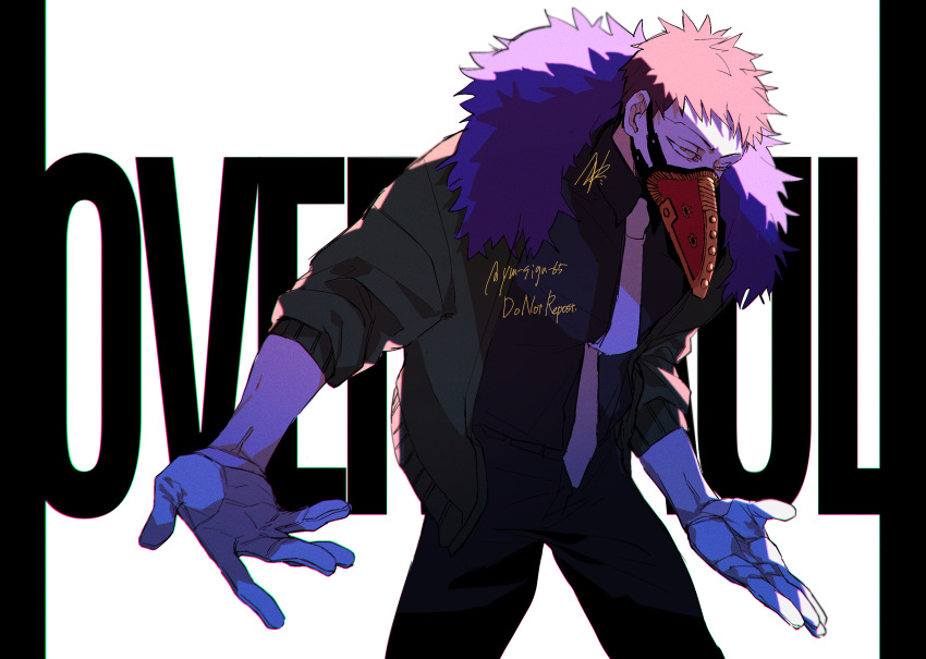 1boy azisaiharumaki56 black_shirt boku_no_hero_academia brown_hair character_name cowboy_shot feather_trim gloves highres jacket looking_at_viewer male_focus mask mouth_mask necktie overhaul_(boku_no_hero_academia) plague_doctor_mask purple_feathers shirt short_hair signature solo twitter_username white_background white_gloves yellow_eyes