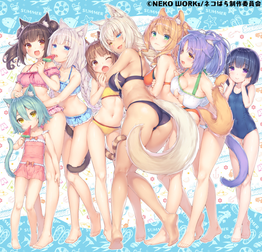 animal_ears azuki_(nekopara) black_hair blonde_hair blue_hair brown_eyes brown_hair cacao_(nekopara) cat_ears cat_girl cat_tail chocola_(nekopara) cinnamon_(nekopara) coconut_(nekopara) cyan_hair double_bun food fruit green_eyes heterochromia maple_(nekopara) minazuki_shigure nekopara non-web_source one-piece_swimsuit orange_hair purple_eyes purple_hair sayori_(neko_works) swimsuit tail vanilla_(nekopara) watermelon watermelon_slice white_hair yellow_eyes