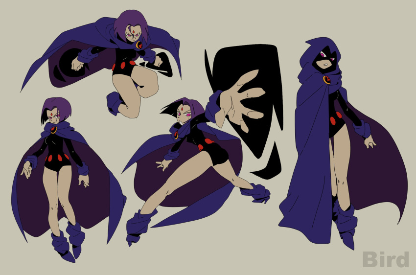 1girl ass breasts cape colored_skin dc_comics evilstaplers forehead_jewel gloves grey_skin highres leotard looking_at_viewer medium_breasts purple_eyes purple_hair raven_(dc) short_hair simple_background solo teen_titans thighs