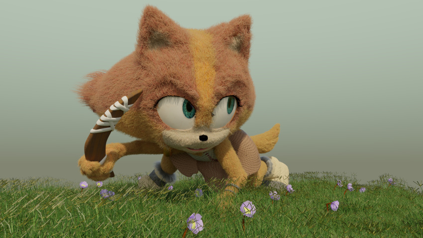 3d_(artwork) anthro badger boomerang brown_body brown_fur clothed clothing crouching digital_media_(artwork) doublestuffed female footwear fully_clothed fur grass hi_res holding_object mammal mustelid musteline orange_body orange_fur plant sega solo sonic_boom sonic_the_hedgehog_(series) sticks_the_jungle_badger video_games