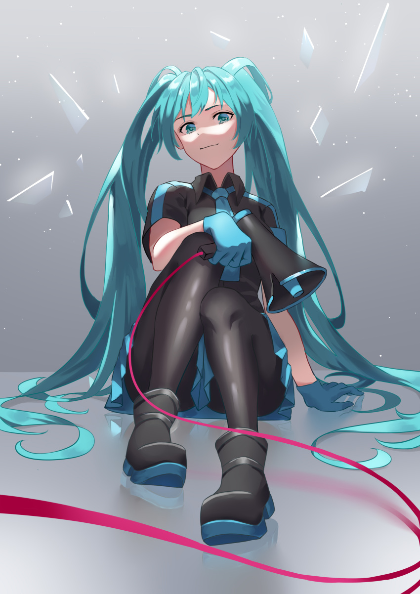 1girl absurdres aqua_eyes bangs black_footwear black_legwear black_shirt blue_gloves blue_hair blue_necktie blue_skirt closed_mouth collared_shirt dscreation_(alan_dwi29) gloves hatsune_miku highres koi_wa_sensou_(vocaloid) long_hair looking_at_viewer miniskirt necktie pantyhose pleated_skirt shiny shiny_hair shirt short_sleeves sitting skirt smile solo twintails very_long_hair vocaloid wing_collar