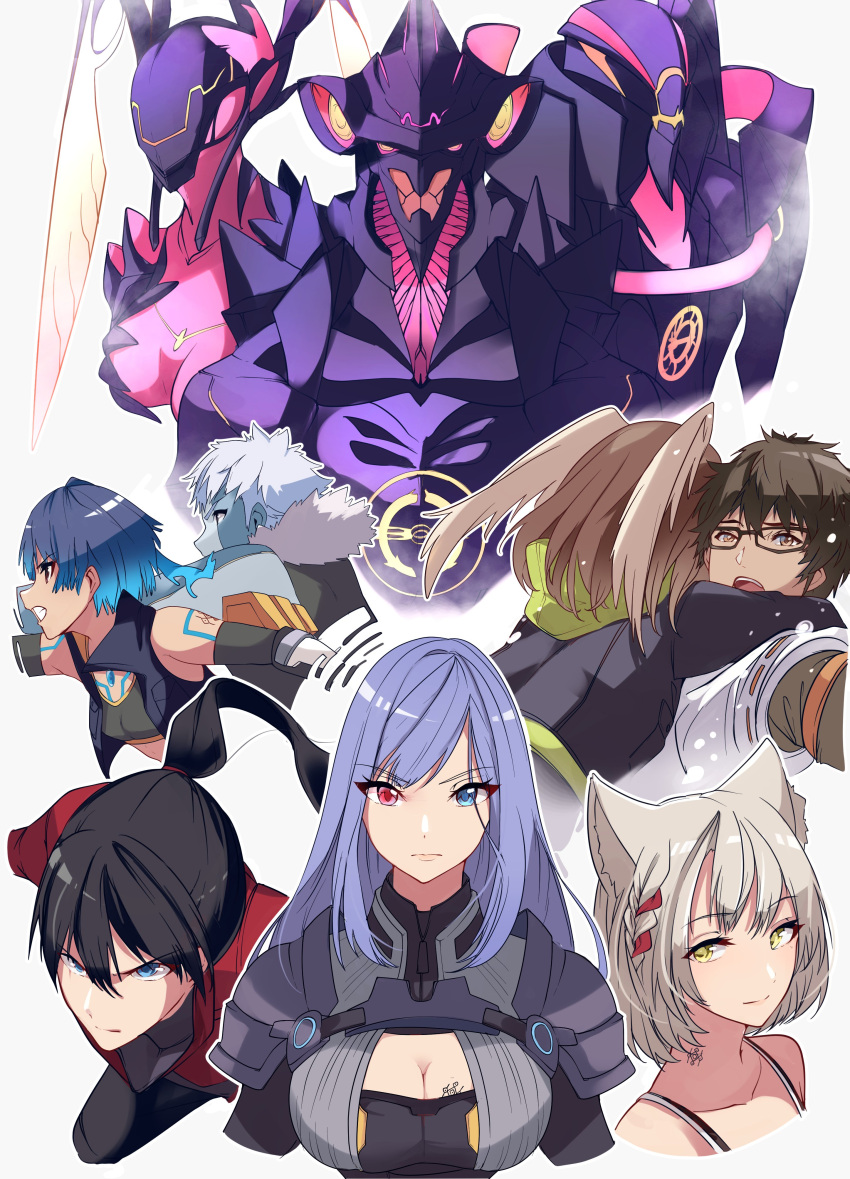 absurdres animal_ears bangs black_bodysuit black_choker black_hair black_jacket blue_eyes bodysuit breast_tattoo breasts camisole cat_ears chakram chest_jewel choker collarbone eunie_(xenoblade) eyebrows_visible_through_hair hair_tie head_wings heterochromia highres hood hug jacket leggings long_hair looking_at_viewer mechanical_shoes mio_(xenoblade) multiple_boys noah_(xenoblade) open_clothes open_jacket open_mouth origami pantyhose ponytail red_hair red_jacket risumi_(taka-fallcherryblossom) sena_(xenoblade) short_hair shoulder_strap simple_background skirt small_breasts smile sword taion_(xenoblade) tank_top tattoo weapon white_camisole white_hair white_jacket white_skirt white_tank_top white_wings wings xenoblade_chronicles_(series) xenoblade_chronicles_3 yellow_eyes