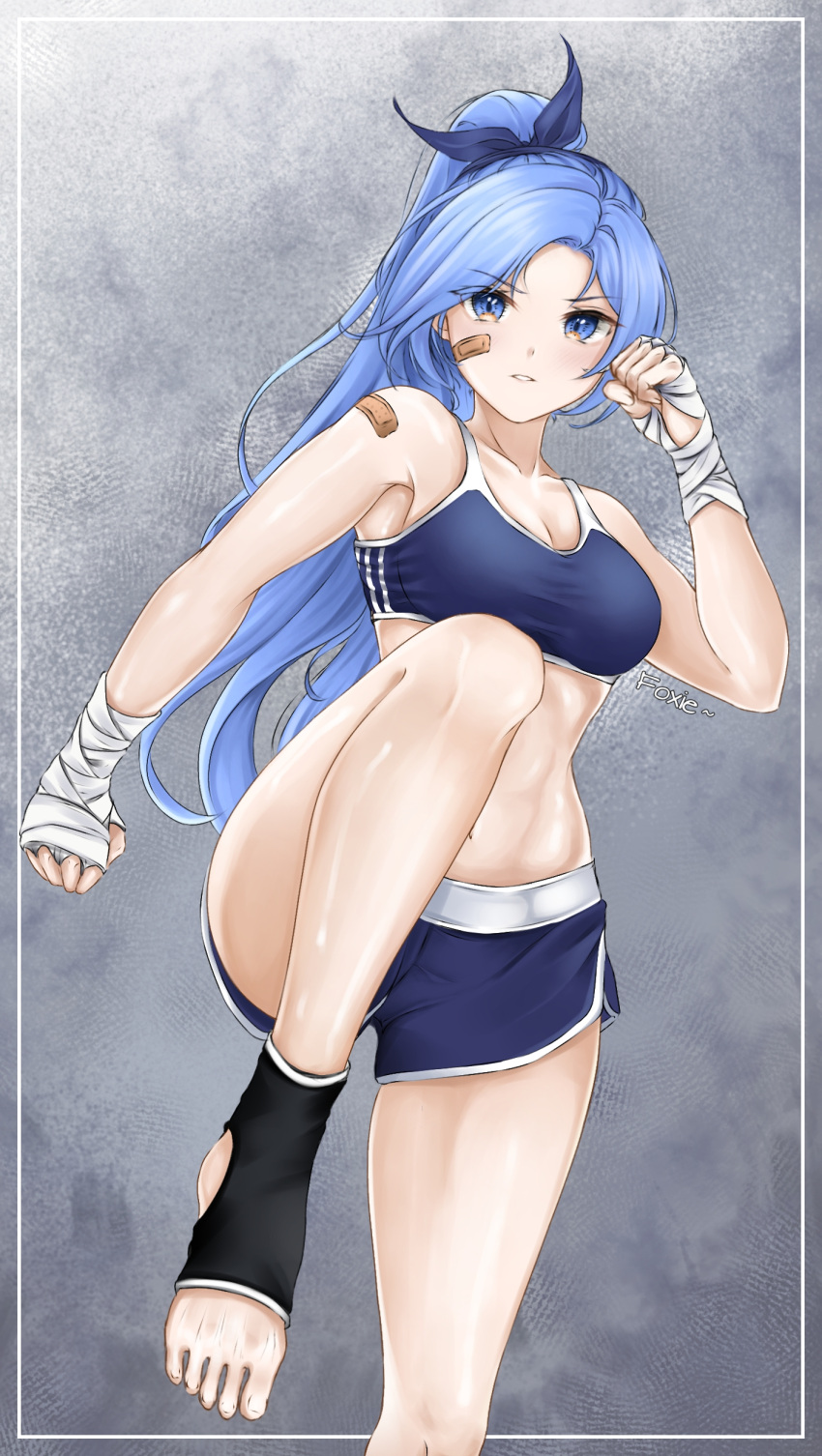 1girl absurdres bandages bandaid bandaid_on_cheek bandaid_on_face bandaid_on_shoulder bare_arms bare_legs bare_shoulders black_legwear blue_eyes blue_hair blue_ribbon blue_shorts blush borrowed_character breasts cleavage commentary crop_top dolphin_shorts english_commentary eyebrows_visible_through_hair foot_out_of_frame foxie30 hair_ribbon hand_up highres long_hair looking_at_viewer medium_breasts midriff minah_(chaesu) original parted_lips ponytail ribbon short_shorts shorts socks solo sports_bra standing standing_on_one_leg stomach thighs toeless_legwear very_long_hair wrist_wrap