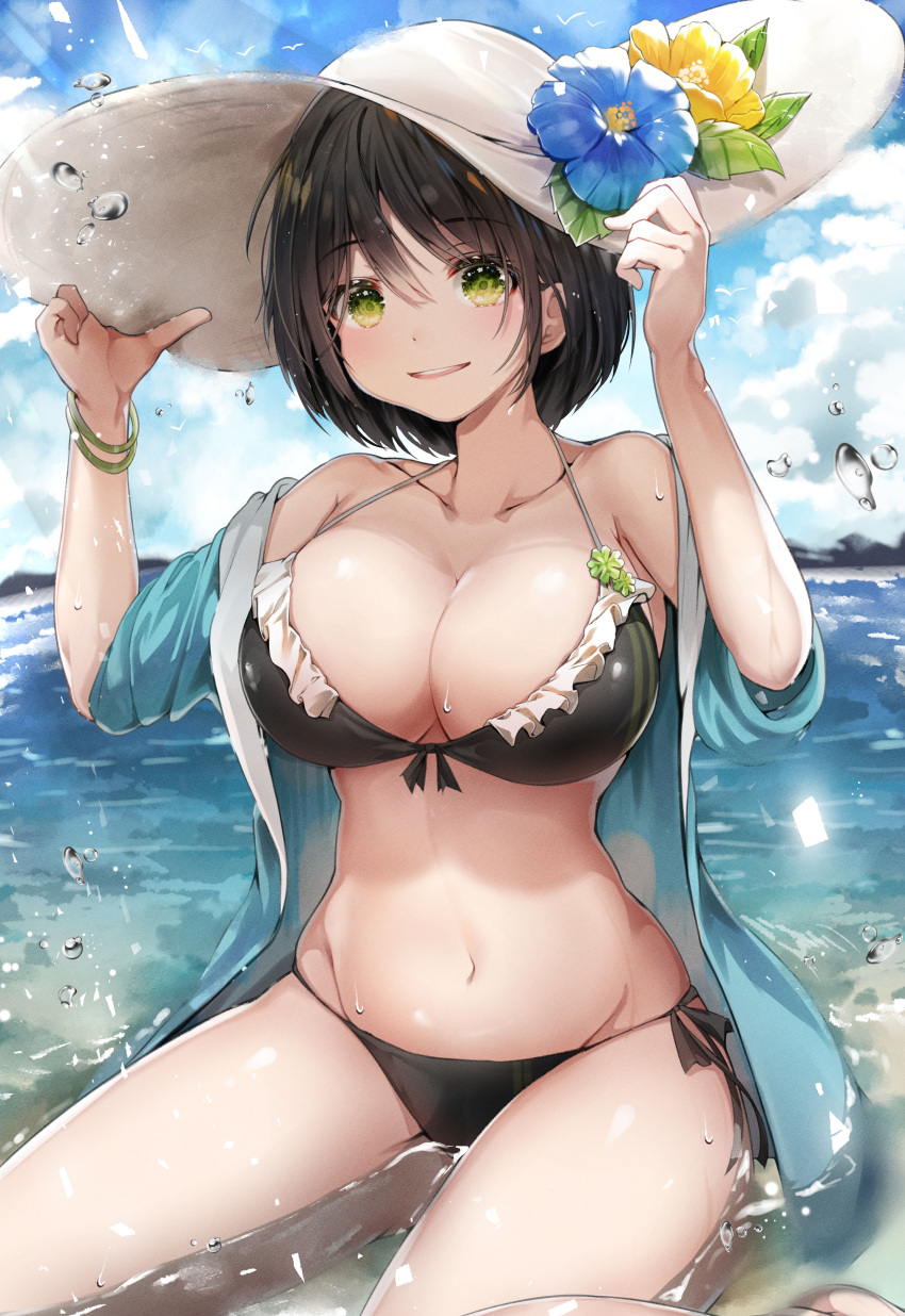 1girl absurdres bangle bare_shoulders beach bikini black_bikini black_hair blue_jacket bracelet breasts cleavage collarbone day flower front-tie_bikini front-tie_top green_eyes grin groin halterneck hands_on_headwear hands_up hat hat_flower highres hiromaster_sinta_jh jacket jewelry large_breasts looking_at_viewer navel off_shoulder open_clothes open_jacket original outdoors short_hair side-tie_bikini sitting smile solo stomach string_bikini sun_hat swimsuit thighs water wet white_headwear