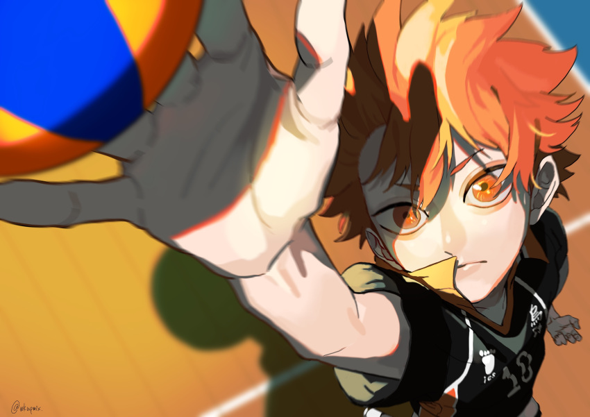 1boy absurdres blurry depth_of_field foreshortening haikyuu!! highres hinata_shouyou lovemaronmeru0827 male_focus messy_hair orange_eyes orange_hair reaching_out solo sportswear twitter_username volleyball volleyball_uniform