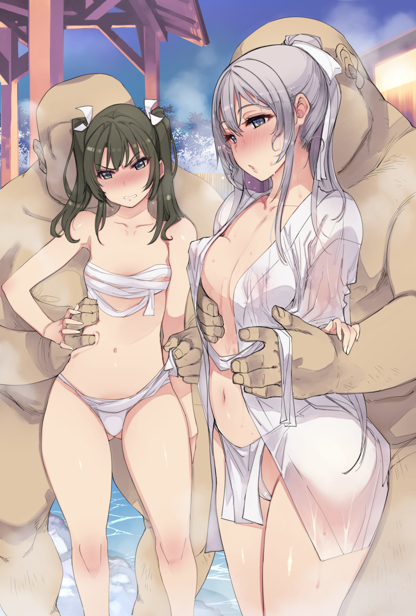 2boys 2girls absurdres ass_visible_through_thighs bald black_hair blue_eyes blush breasts clenched_teeth clothed_female_nude_male covered_nipples fundoshi glaring grey_eyes grey_hair hand_on_another's_hip hand_on_hip hetero highres japanese_clothes kantai_collection mil_(xration) multiple_boys multiple_girls navel nude onsen sarashi shoukaku_(kancolle) small_breasts teeth ugly_man wet wet_clothes zuikaku_(kancolle)