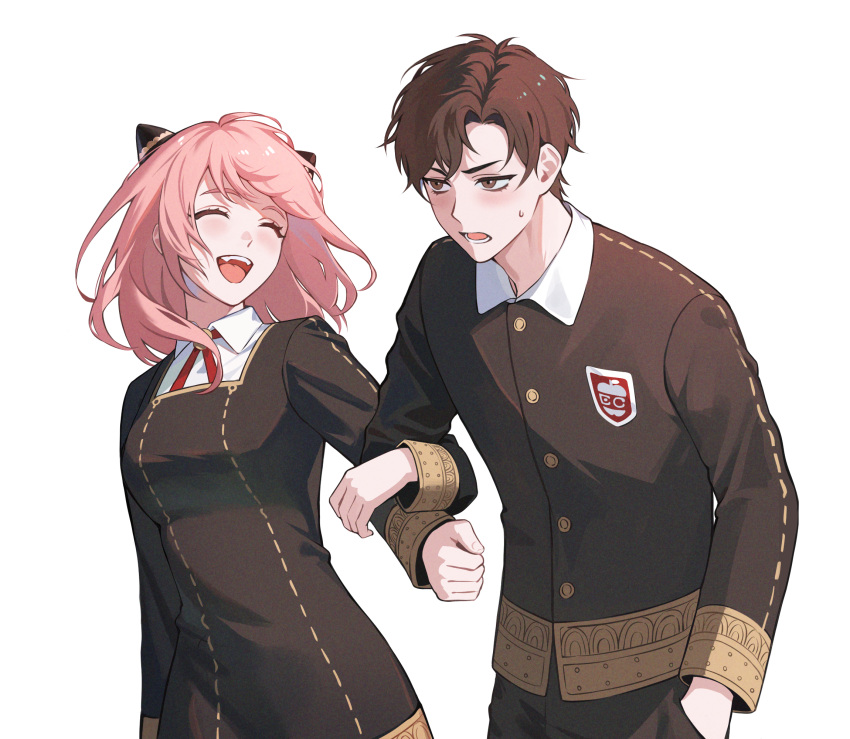 1boy 1girl anya_(spy_x_family) breasts brown_eyes brown_hair damian_desmond eden_academy_uniform eyebrows_behind_hair highres horn_ornament horns locked_arms medium_breasts medium_hair mond_sl older open_mouth pink_hair school_uniform smile spy_x_family sweatdrop