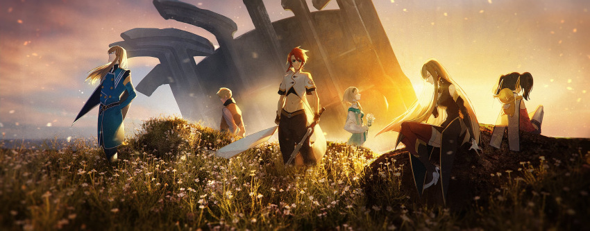 3boys 3girls anise_tatlin bare_shoulders black_hair blonde_hair brown_hair detached_sleeves fingerless_gloves flower glasses gloves guy_cecil highres holding holding_sword holding_weapon jade_curtiss kanashiki long_hair luke_fon_fabre midriff multiple_boys multiple_girls natalia_luzu_kimlasca_lanvaldear red_hair short_hair sunset sword tales_of_(series) tales_of_the_abyss tear_grants thighhighs tokunaga twintails weapon