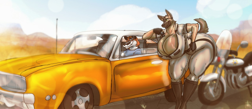 anthro ass_up big_breasts breasts butt canid canine canis car clothing desert domestic_dog duo female fur german_shepherd glistening glistening_body grey_uniform hair herding_dog huge_breasts kenzie_mcmal male male/female mammal motorcycle multicolored_body multicolored_fur muscular orange_hair pastoral_dog pinup police police_dog police_officer police_uniform pose raised_tail romantic sensual sexy_eyes smile thick_thighs two_tone_body two_tone_fur uniform vehicle wide_hips xtrent968