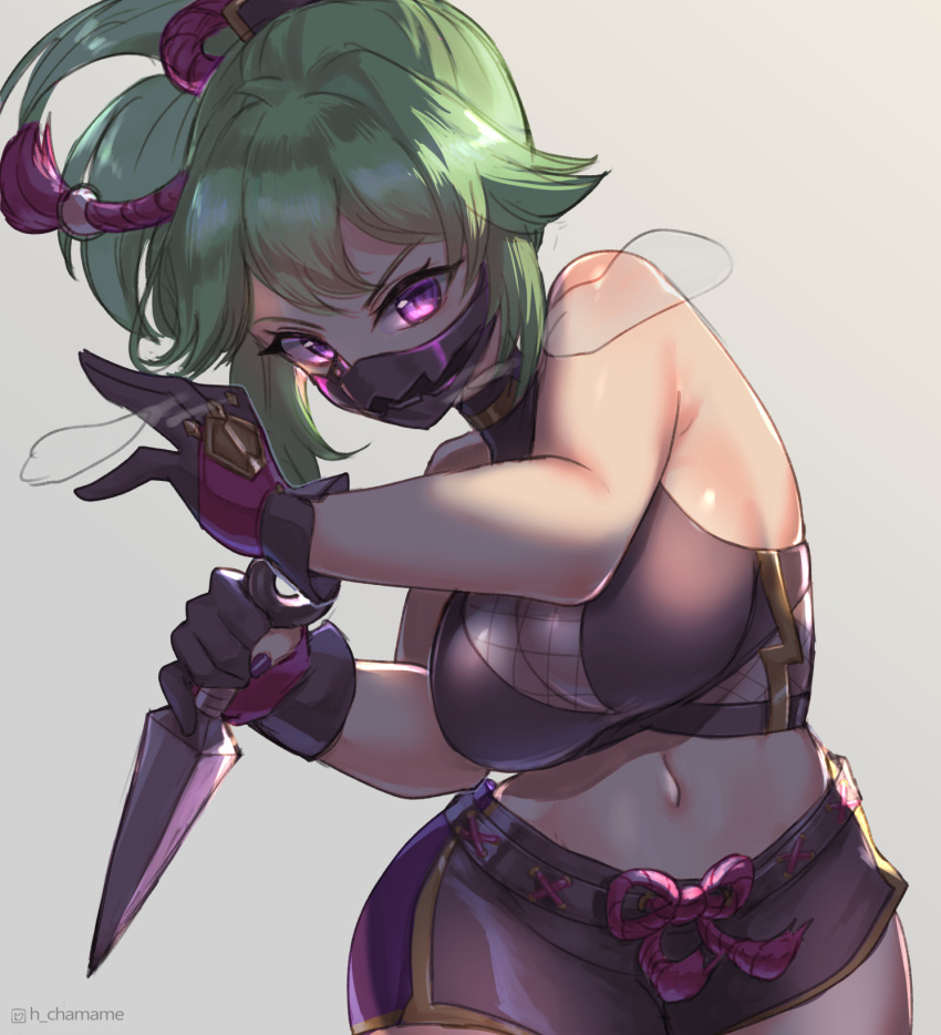 1girl bare_arms black_mask black_shorts breasts chamame crop_top fishnets genshin_impact gloves green_hair highres holding holding_weapon kuki_shinobu kunai mask medium_breasts midriff mouth_mask navel ninja ninja_mask ponytail purple_eyes short_shorts shorts solo weapon