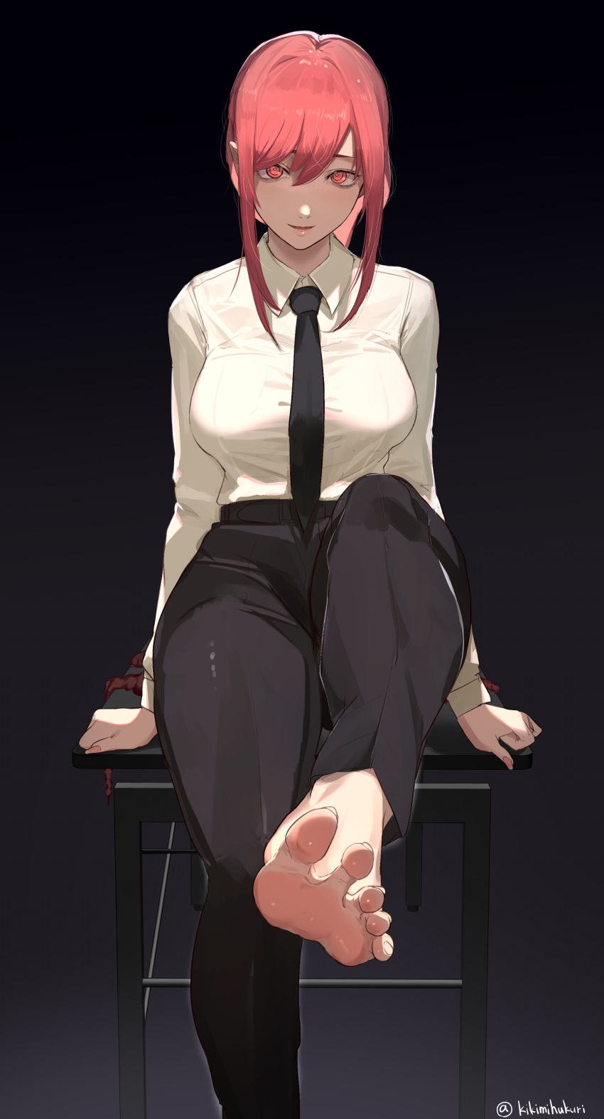 1girl absurdres barefoot black_background black_necktie black_pants blood breasts chainsaw_man chair collared_shirt commentary dress_shirt entrails eyelashes feet foot_focus foot_out_of_frame hair_between_eyes highres intestines kikimifukuri lips long_sleeves looking_at_viewer makima_(chainsaw_man) medium_breasts medium_hair necktie open_mouth organs pants red_eyes red_hair ringed_eyes shirt shirt_tucked_in sidelocks simple_background sitting smile soles solo toes twitter_username white_shirt wing_collar