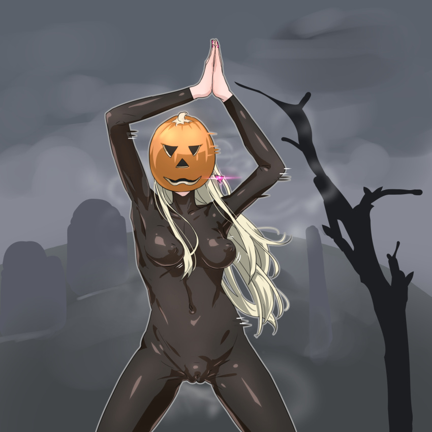 1girl arms_up black_bodysuit blonde_hair bodysuit breasts cameltoe covered_navel dancing earrings fog gigi_andalusia graveyard gundam gundam_hathaway's_flash halloween highres jack-o'-lantern jewelry long_hair mask meme meme_attire outdoors own_hands_together pumpkin pumpkin_dance_(meme) pumpkin_mask solo standing yamada_(gotyui)