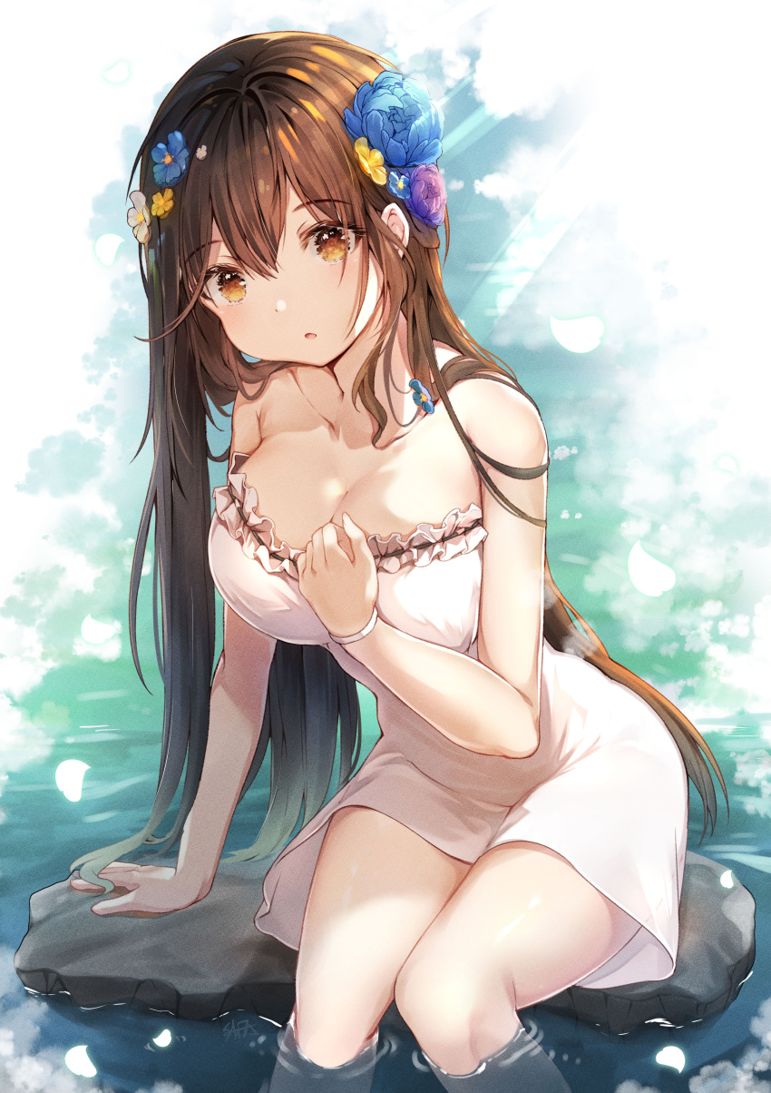 1girl :o absurdres bangs bare_arms bare_shoulders blue_flower breasts brown_eyes brown_hair cleavage dress eyebrows_visible_through_hair feet_out_of_frame flower hair_between_eyes hair_flower hair_ornament hand_on_own_chest highres hiromaster_sinta_jh large_breasts long_hair looking_at_viewer original sitting soaking_feet solo strapless strapless_dress very_long_hair water white_dress yellow_flower