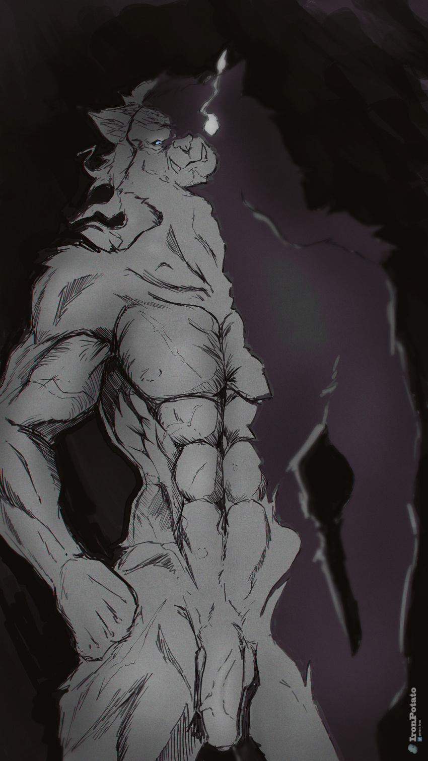 2022 abs anthro balls biped blaidd_(elden_ring) canid canine canis digital_media_(artwork) elden_ring fangs flaccid fromsoftware genitals hand_on_hip hi_res humanoid_genitalia humanoid_penis ironpotato male mammal muscular muscular_anthro muscular_male pecs penis solo video_games wolf