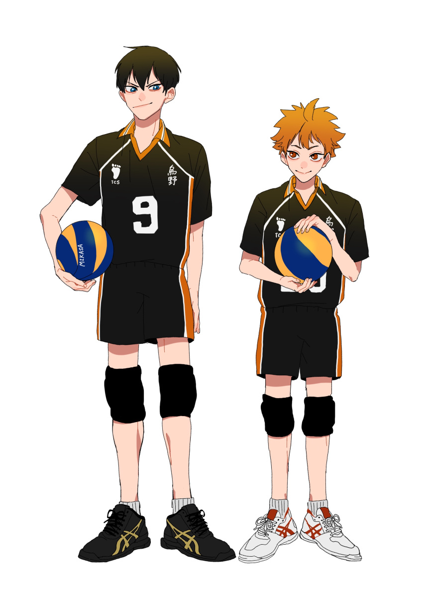 2boys absurdres asics ball black_hair black_shorts blue_eyes haikyuu!! highres hinata_shouyou holding holding_ball kageyama_tobio knee_pads lovemaronmeru0827 male_focus messy_hair multiple_boys orange_eyes orange_hair shoes shorts simple_background smile sneakers sportswear two-tone_shorts volleyball volleyball_uniform white_background