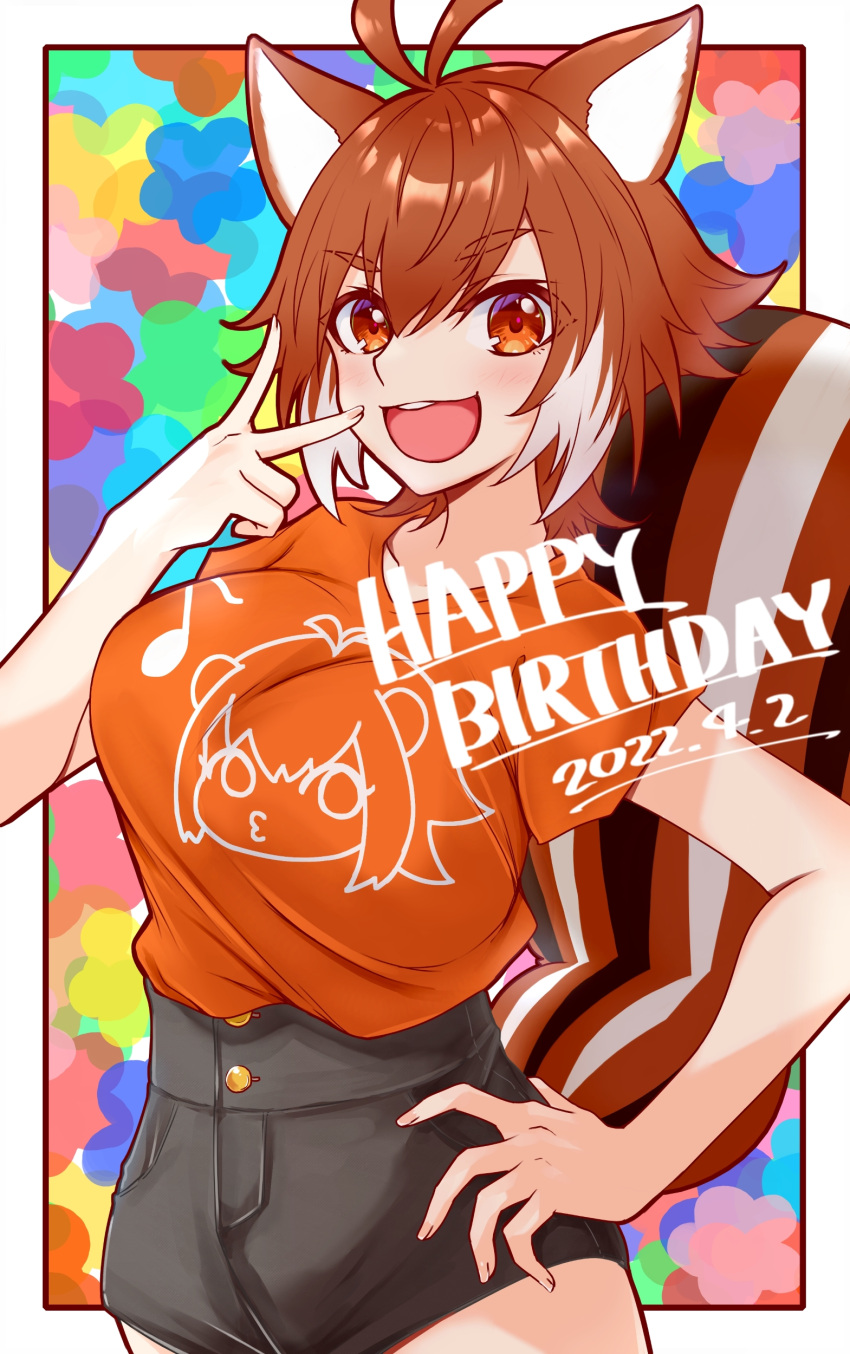 1girl absurdres animal_ears blazblue breasts brown_hair chukachuka dated happy_birthday highres large_breasts looking_at_viewer makoto_nanaya multicolored_hair open_mouth shirt short_hair short_shorts shorts smile squirrel_ears squirrel_girl t-shirt two-tone_hair v white_hair